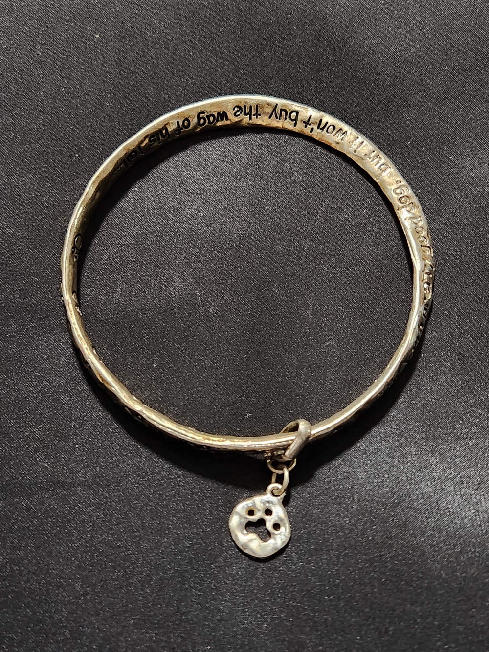 Vintage Silver Tone Hammered Quote Bangle Bracelet Paw Print Charm